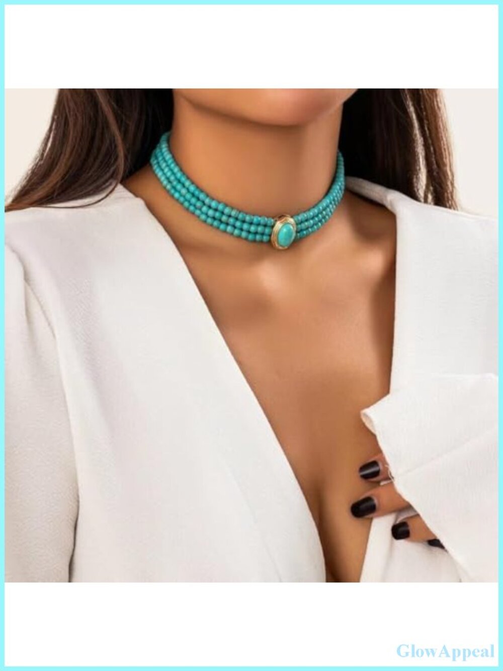 Turquoise Choker Necklace 3 Layer Stainless Steel Gold Plated - Picture 2 of 6